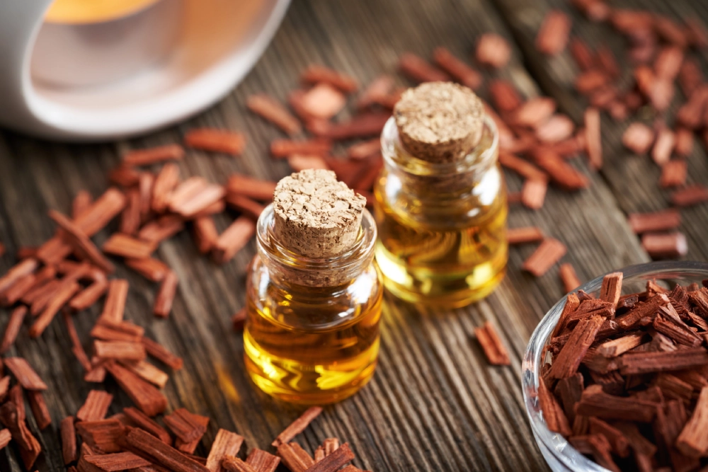 Two small glass bottles filled with golden oil and cork stoppers on a wooden surface.